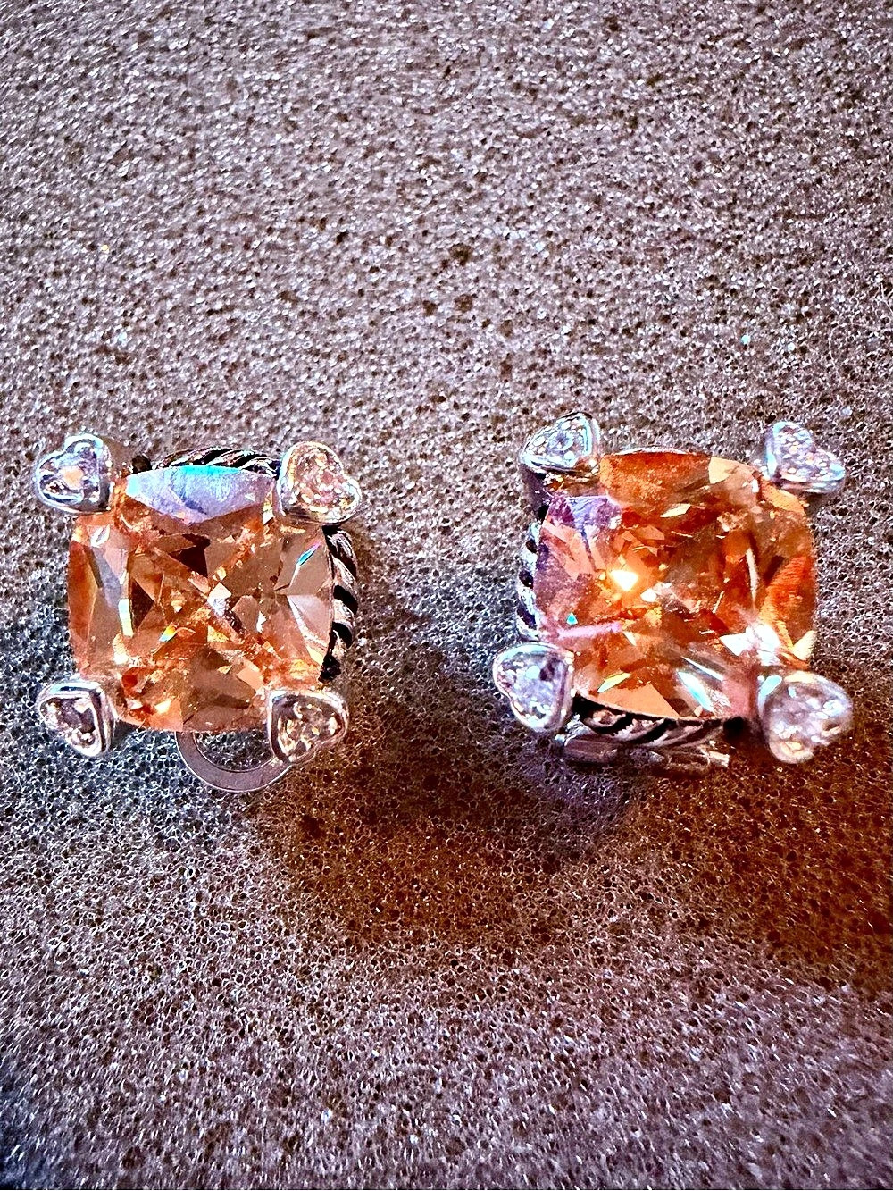 Cushion Cut Crystal Earrings in Silver & Orange